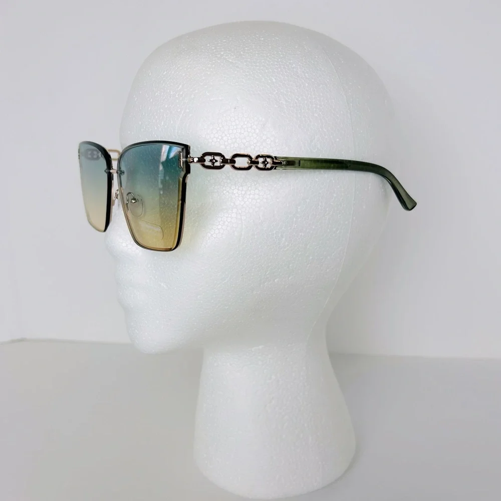 Sunglasses Women’s Green/Gold With Gold Trim Link Design Square Oversized NEW